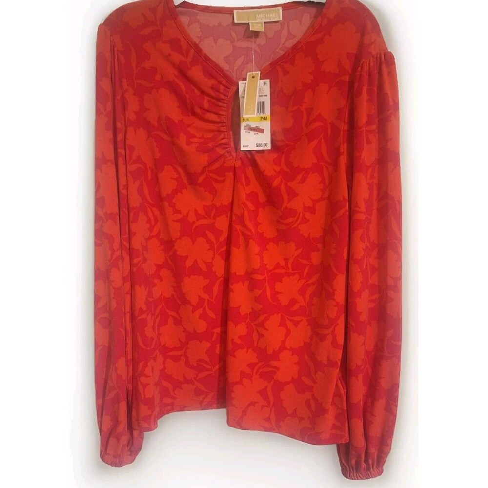 Michael Kors Shadow Fleur Floral Blouse Pink PM Petite Medium NWT V-Neck Top